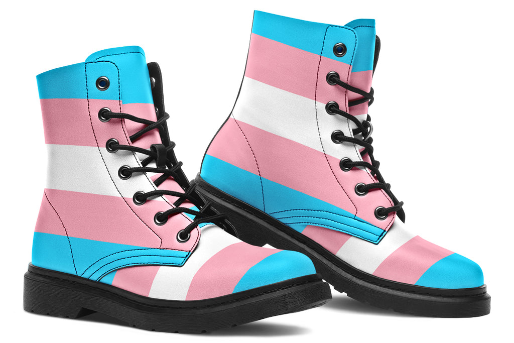 Boots in the colours of the trans flag, blue, pink and white