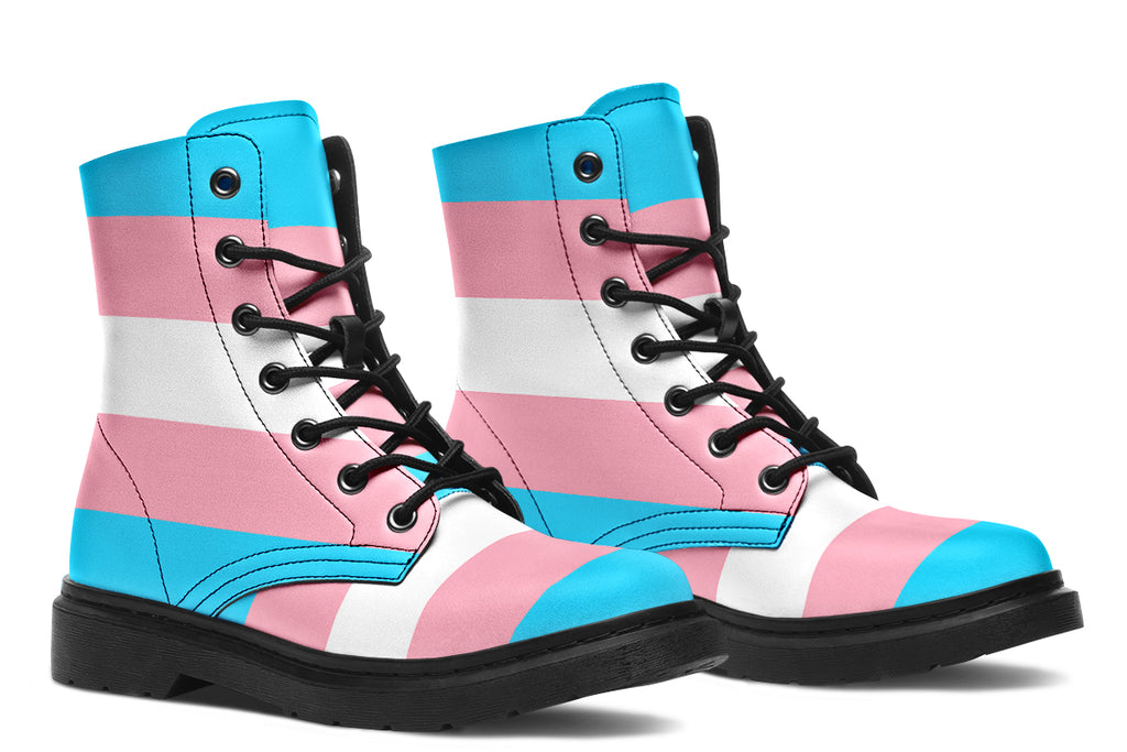 Boots in the colours of the trans flag, blue, pink and white