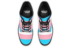 Boots in the colours of the trans flag, blue, pink and white