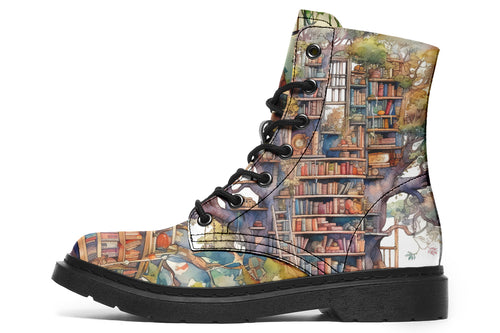 Boots featuring the image of a library built into a treehouse, in the style of a watercolour painting. 