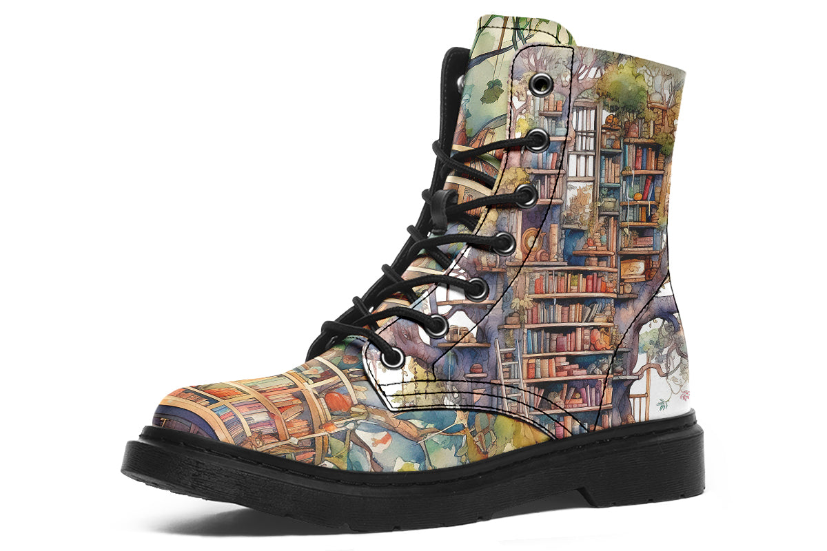 Boots featuring the image of a library built into a treehouse, in the style of a watercolour painting. 