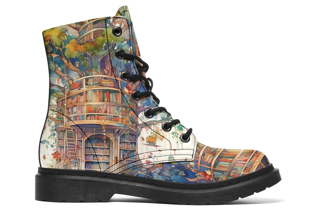 Boots featuring the image of a library built into a treehouse, in the style of a watercolour painting. 