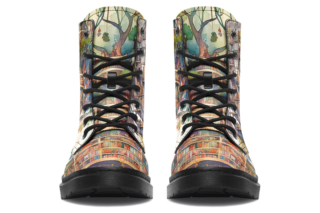 Boots featuring the image of a library built into a treehouse, in the style of a watercolour painting. 
