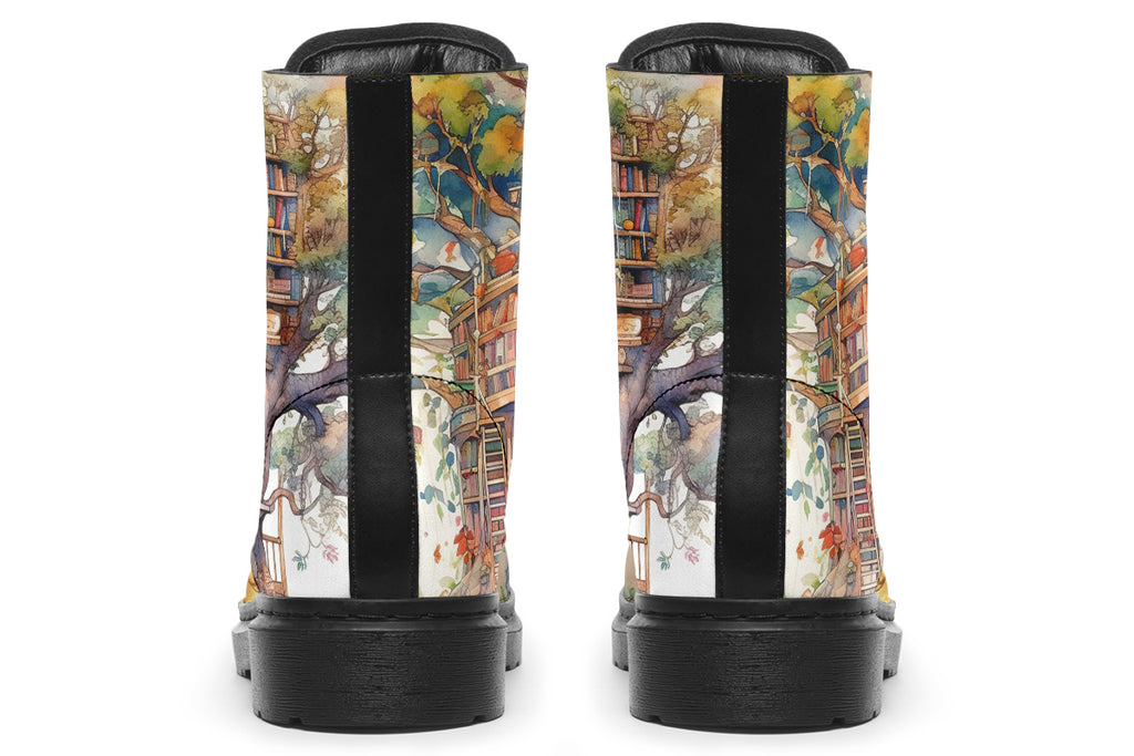 Boots featuring the image of a library built into a treehouse, in the style of a watercolour painting. 