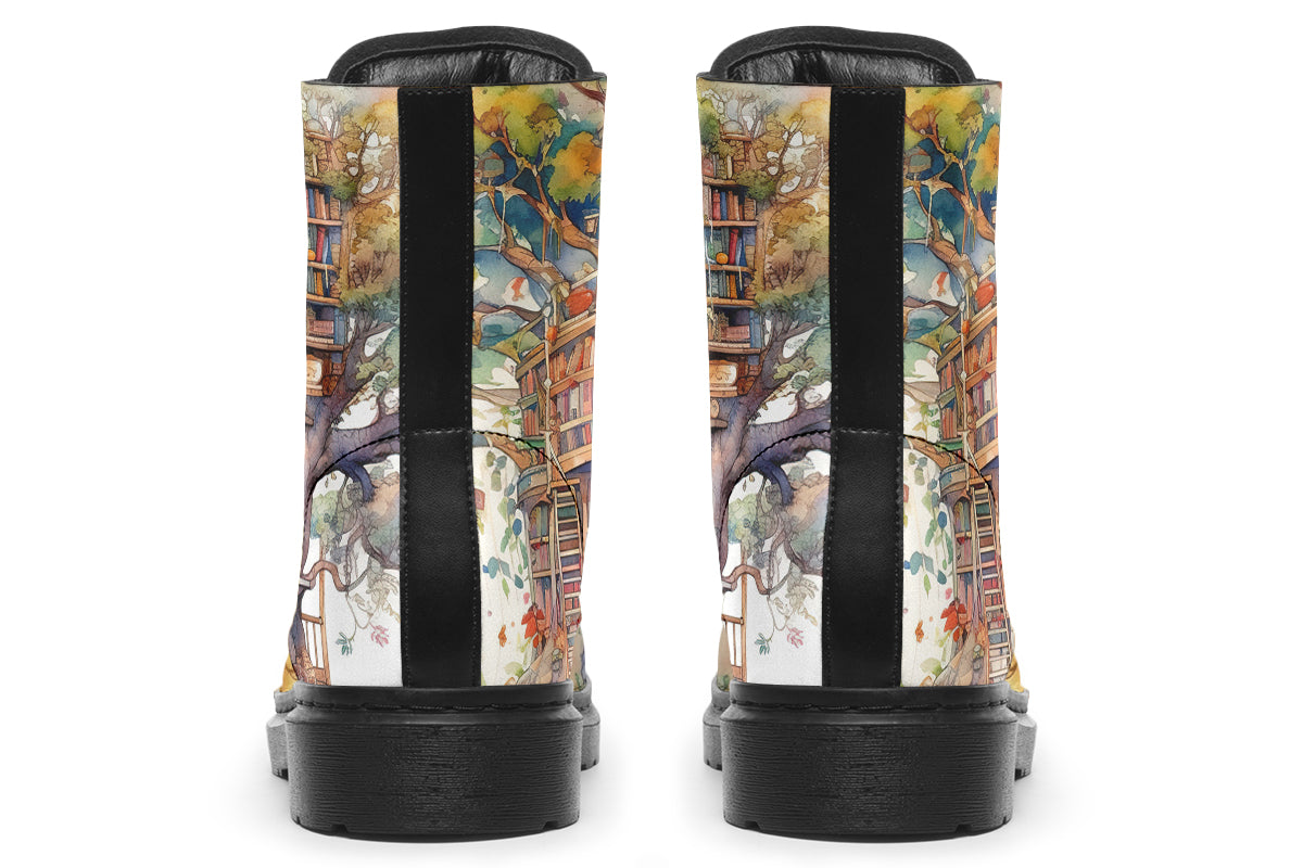 Boots featuring the image of a library built into a treehouse, in the style of a watercolour painting. 