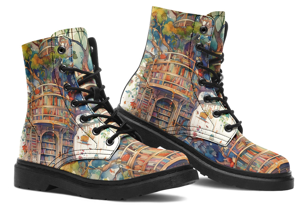 Boots featuring the image of a library built into a treehouse, in the style of a watercolour painting. 