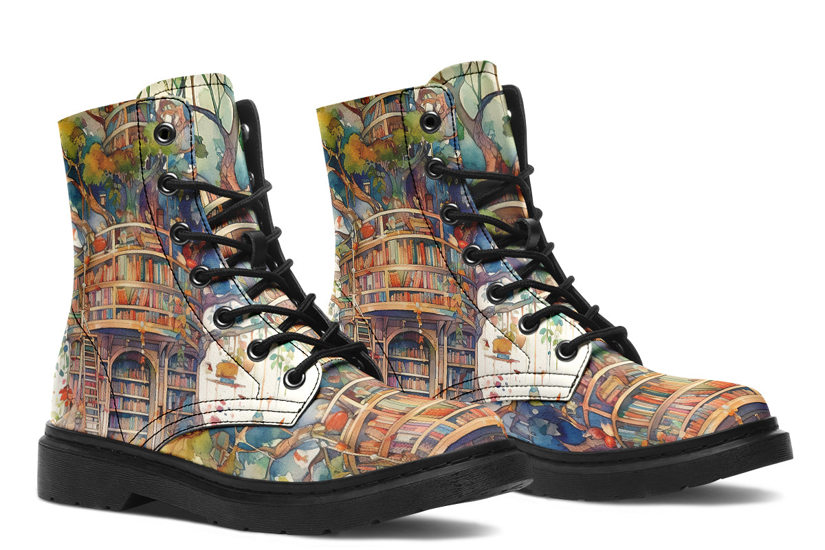 Boots featuring the image of a library built into a treehouse, in the style of a watercolour painting. 