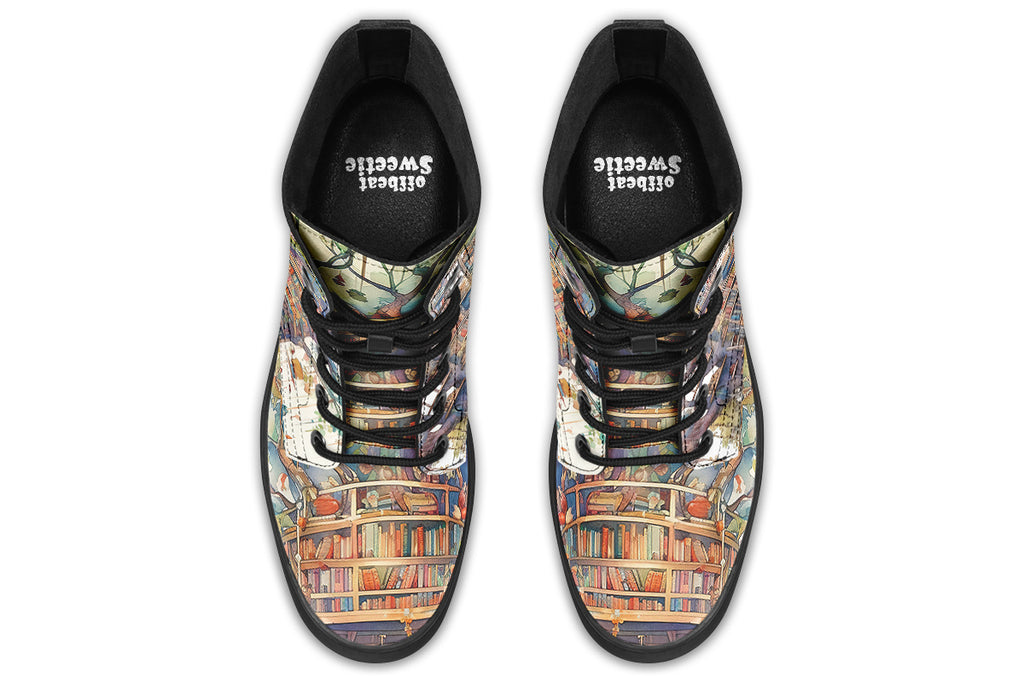 Boots featuring the image of a library built into a treehouse, in the style of a watercolour painting. 