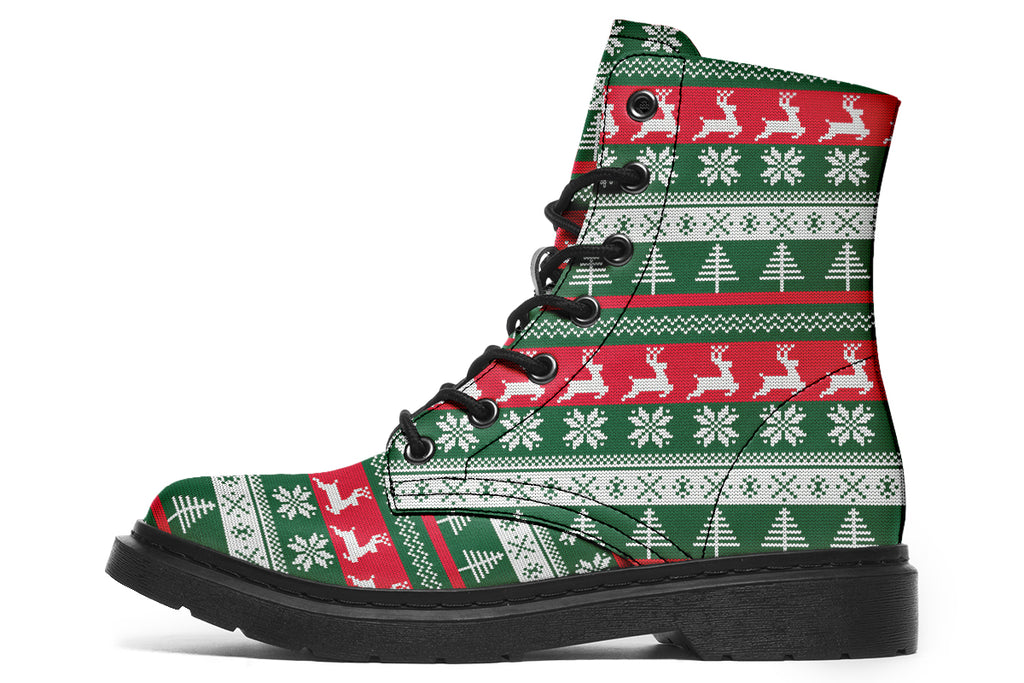 Boots with a red, white and green Christmas pattern in the style of “ugly Christmas sweaters”. The pattern features reindeers, snowflakes and Christmas trees.