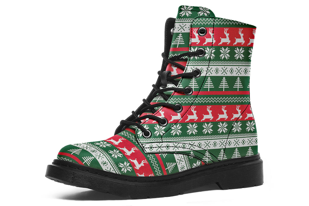 Boots with a red, white and green Christmas pattern in the style of “ugly Christmas sweaters”. The pattern features reindeers, snowflakes and Christmas trees.