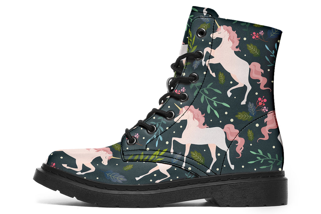 Dark green boots with a pattern of white unicorns, green leafs and pink flowers