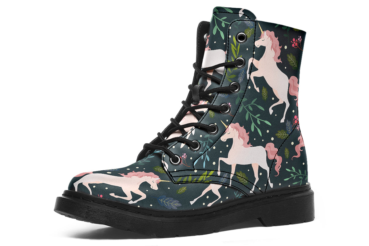 Dark green boots with a pattern of white unicorns, green leafs and pink flowers