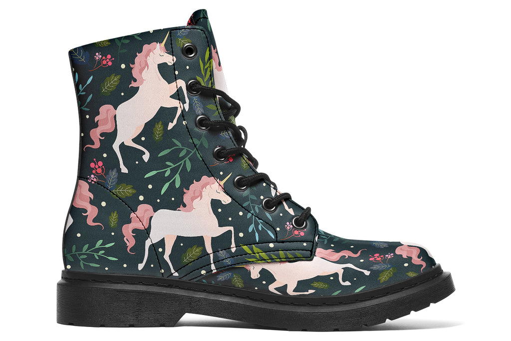 Dark green boots with a pattern of white unicorns, green leafs and pink flowers