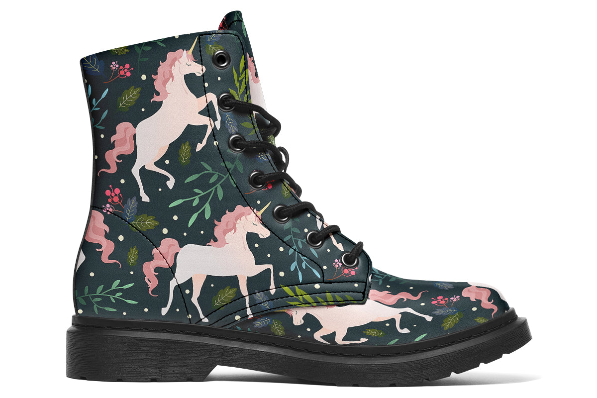 Dark green boots with a pattern of white unicorns, green leafs and pink flowers