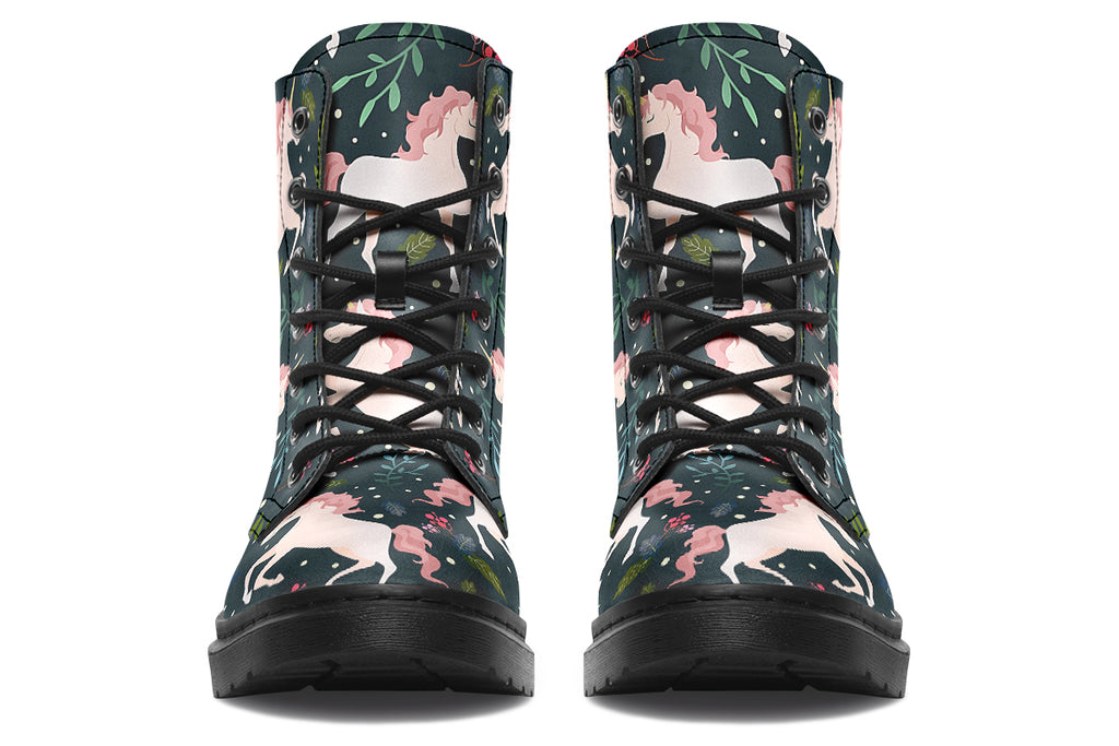 Dark green boots with a pattern of white unicorns, green leafs and pink flowers