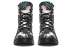 Dark green boots with a pattern of white unicorns, green leafs and pink flowers