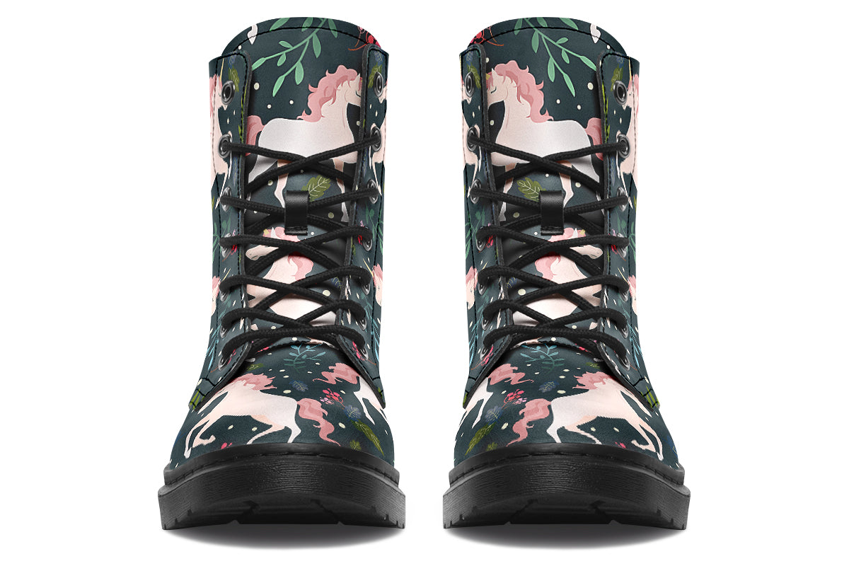 Dark green boots with a pattern of white unicorns, green leafs and pink flowers