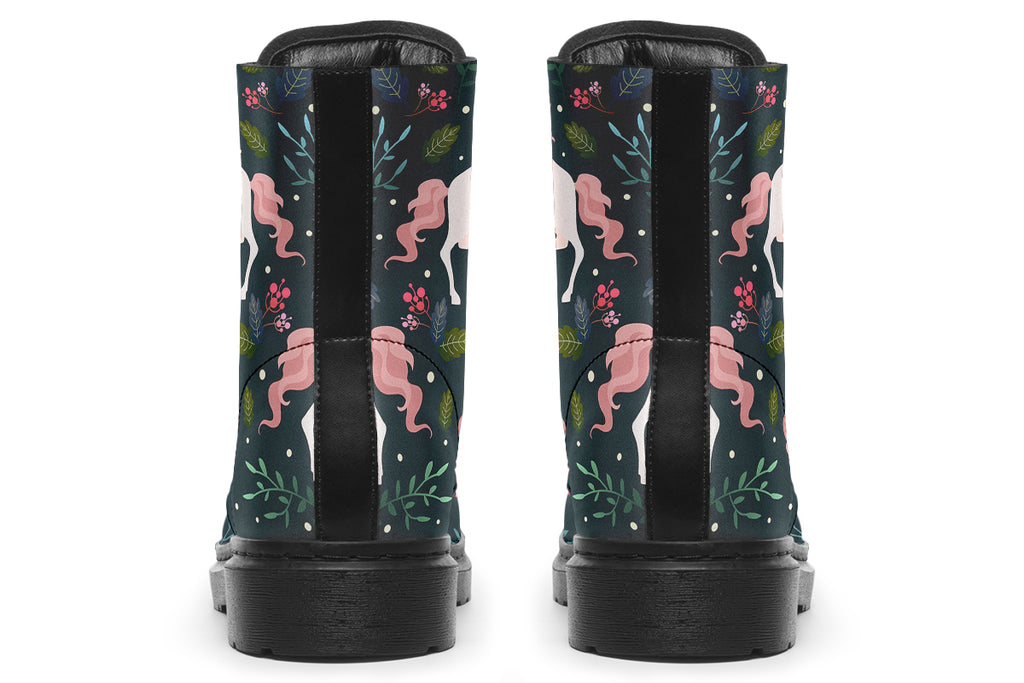 Dark green boots with a pattern of white unicorns, green leafs and pink flowers