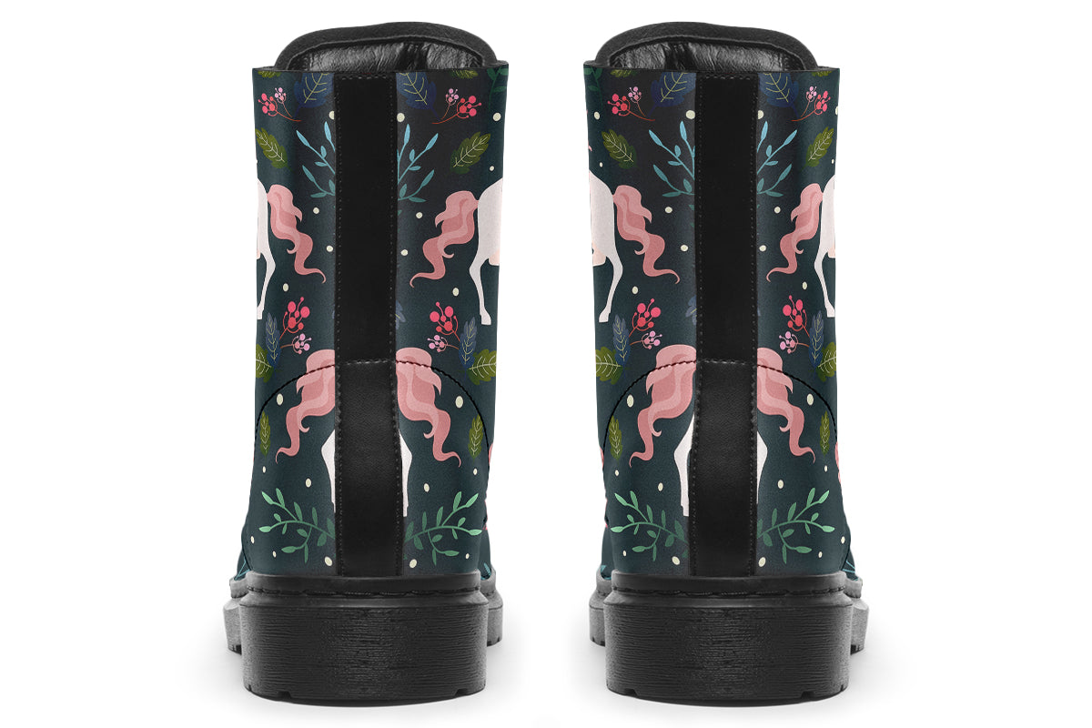 Dark green boots with a pattern of white unicorns, green leafs and pink flowers