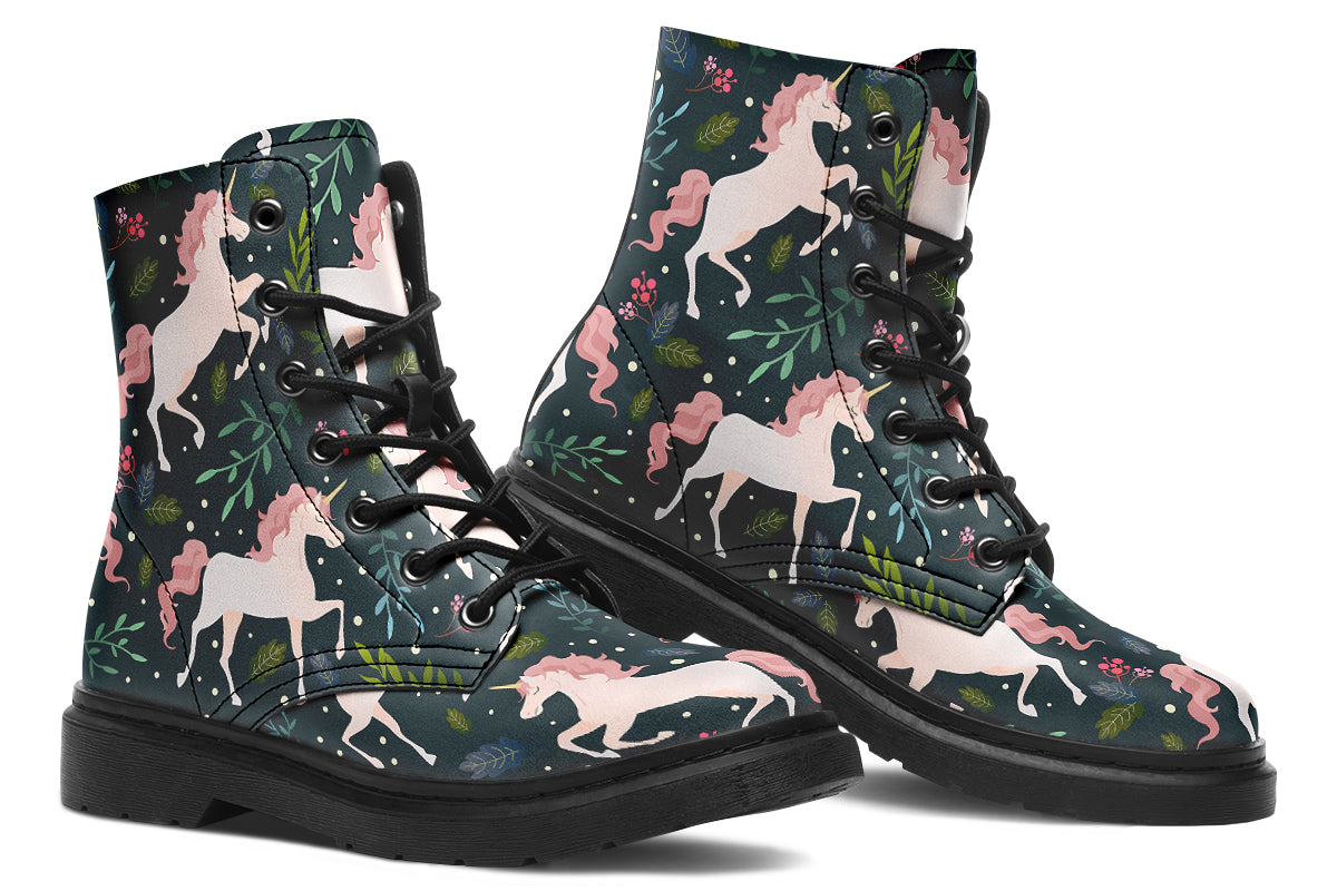 Dark green boots with a pattern of white unicorns, green leafs and pink flowers