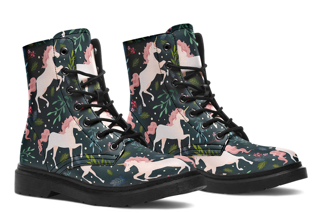 Dark green boots with a pattern of white unicorns, green leafs and pink flowers