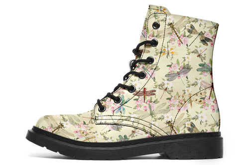 Yellowish/beige coloured boots featuring a vintage-looking pattern of dragonflies and pink and white flowers.
