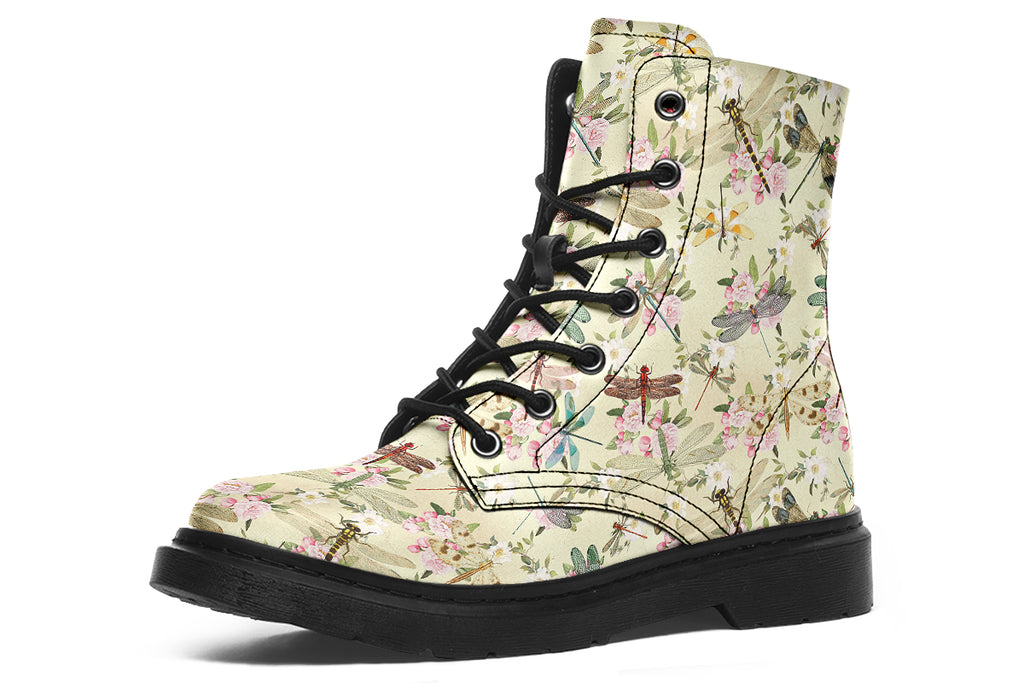 Yellowish/beige coloured boots featuring a vintage-looking pattern of dragonflies and pink and white flowers.