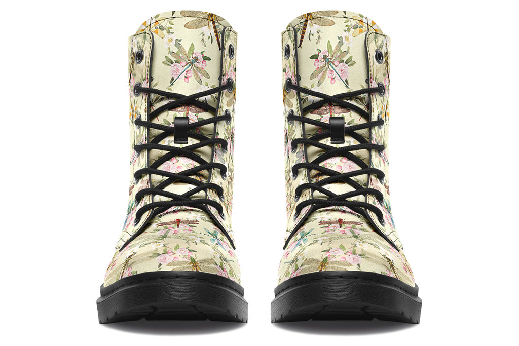 Yellowish/beige coloured boots featuring a vintage-looking pattern of dragonflies and pink and white flowers.