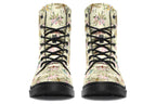 Yellowish/beige coloured boots featuring a vintage-looking pattern of dragonflies and pink and white flowers.