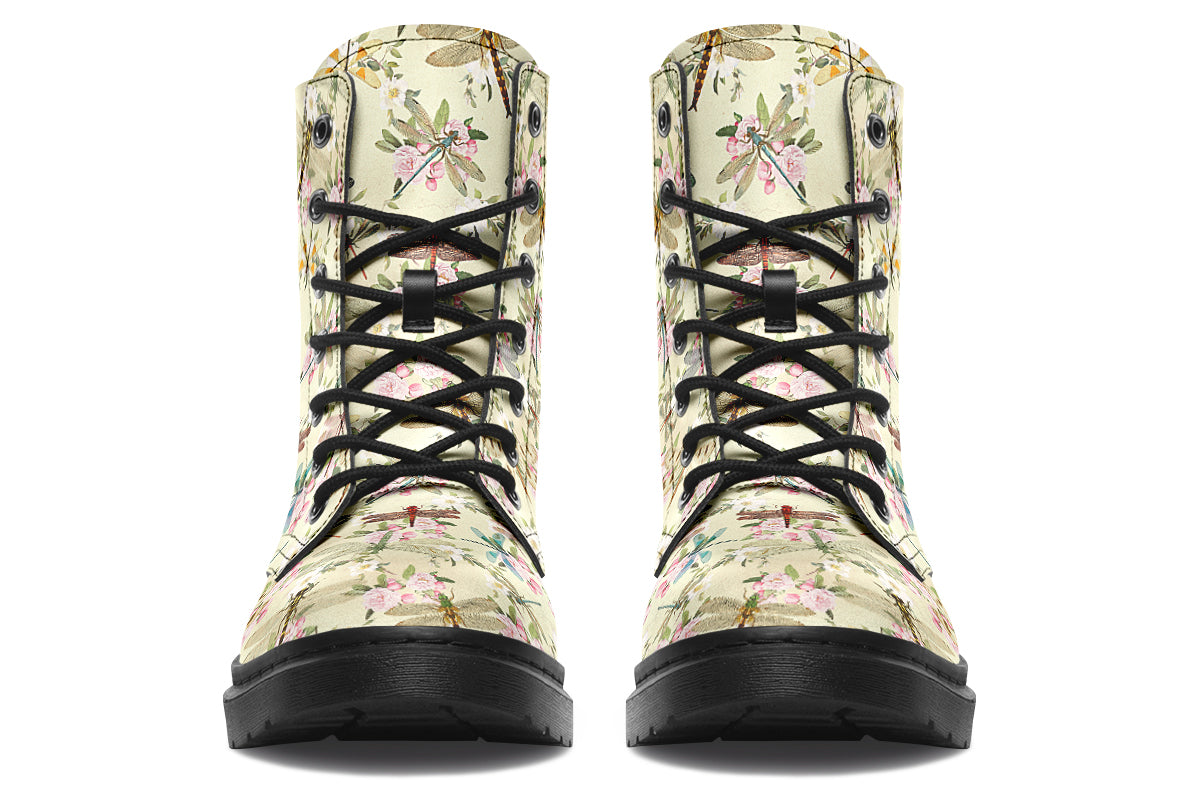 Yellowish/beige coloured boots featuring a vintage-looking pattern of dragonflies and pink and white flowers.