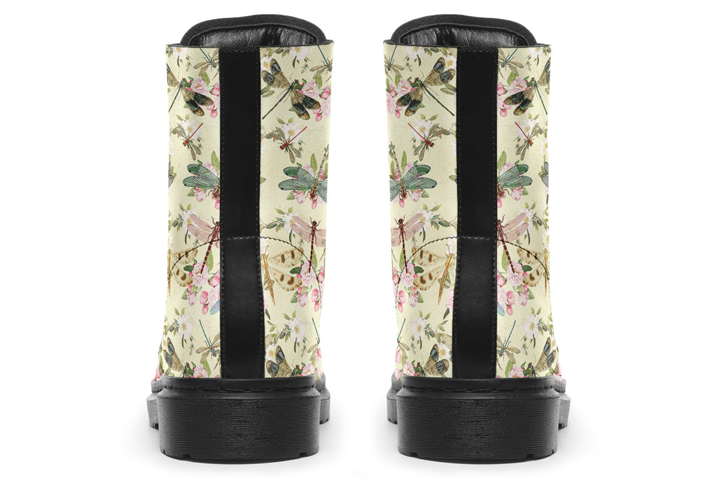 Yellowish/beige coloured boots featuring a vintage-looking pattern of dragonflies and pink and white flowers.