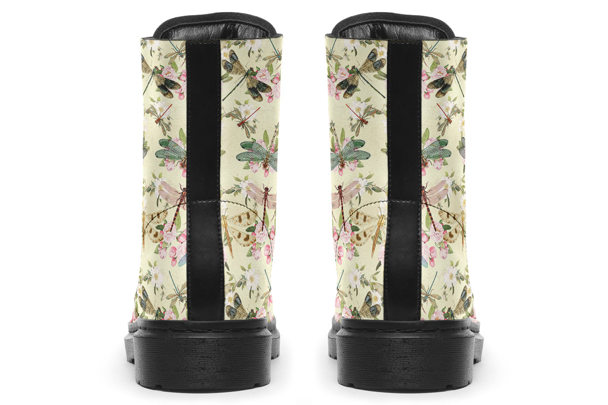 Yellowish/beige coloured boots featuring a vintage-looking pattern of dragonflies and pink and white flowers.