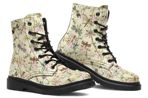 Yellowish/beige coloured boots featuring a vintage-looking pattern of dragonflies and pink and white flowers.