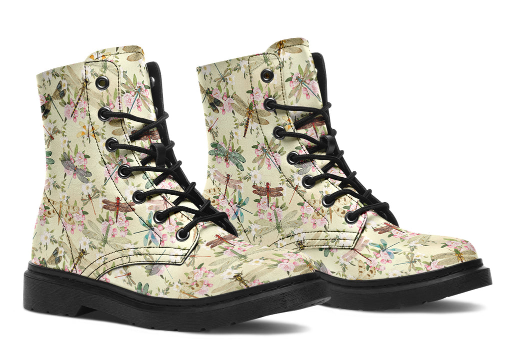 Yellowish/beige coloured boots featuring a vintage-looking pattern of dragonflies and pink and white flowers.