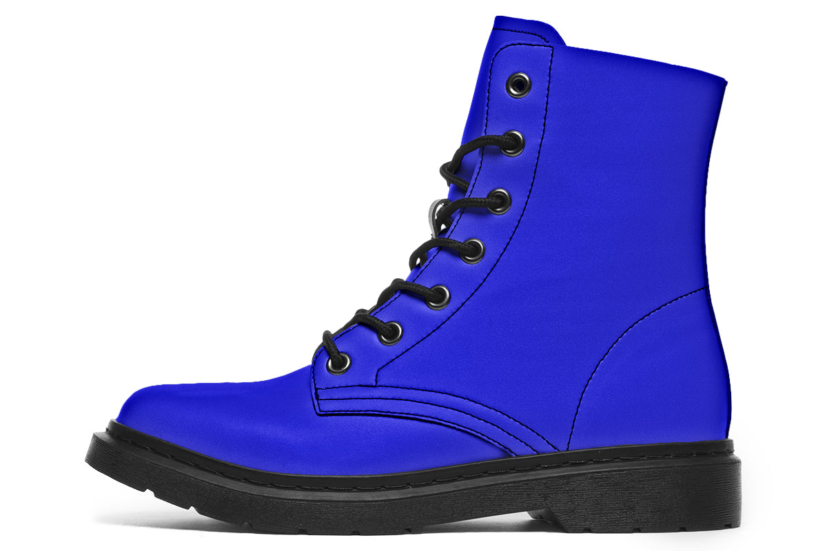 Solid blue boots with a black sole