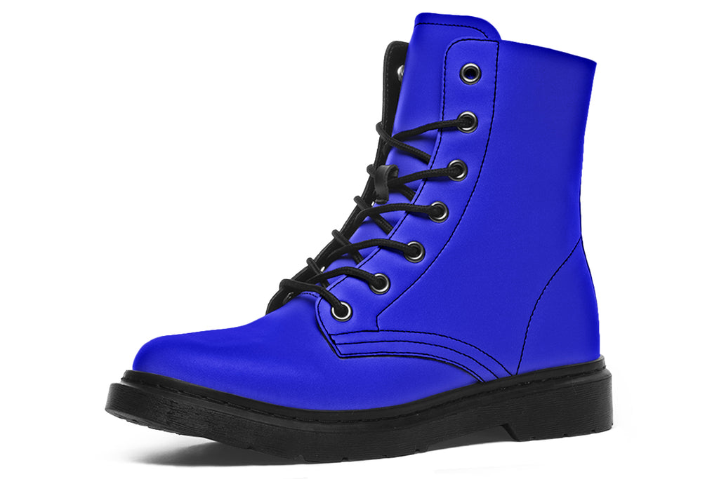 Solid blue boots with a black sole