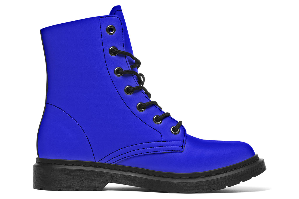 Solid blue boots with a black sole