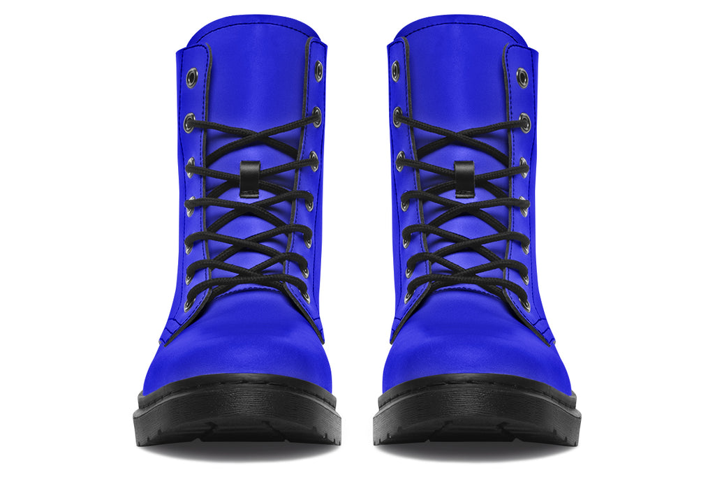 Solid blue boots with a black sole