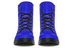 Solid blue boots with a black sole