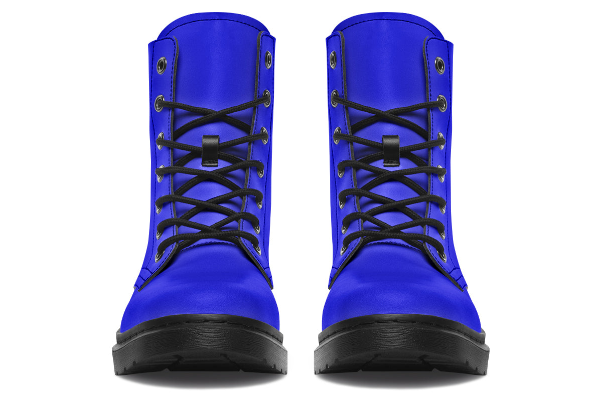 Solid blue boots with a black sole