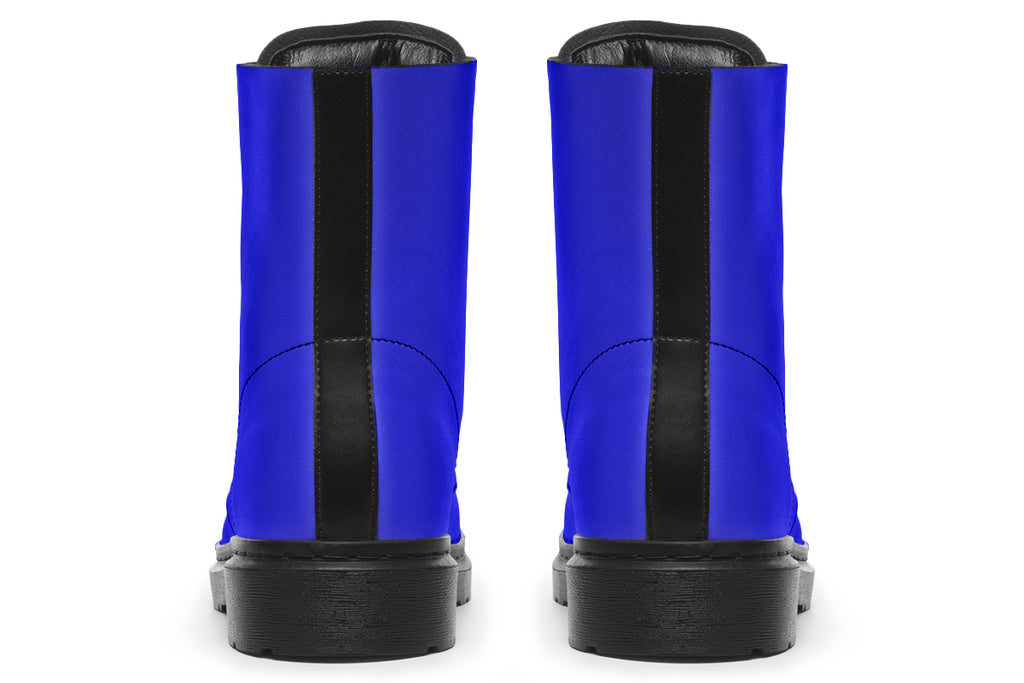 Solid blue boots with a black sole