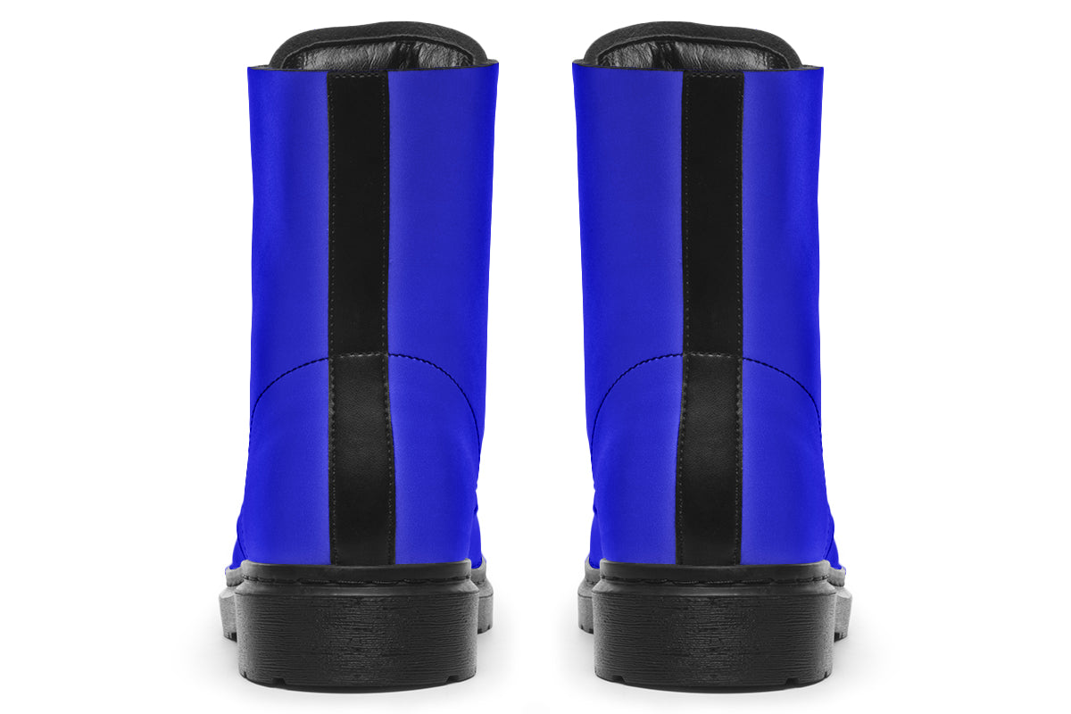 Solid blue boots with a black sole