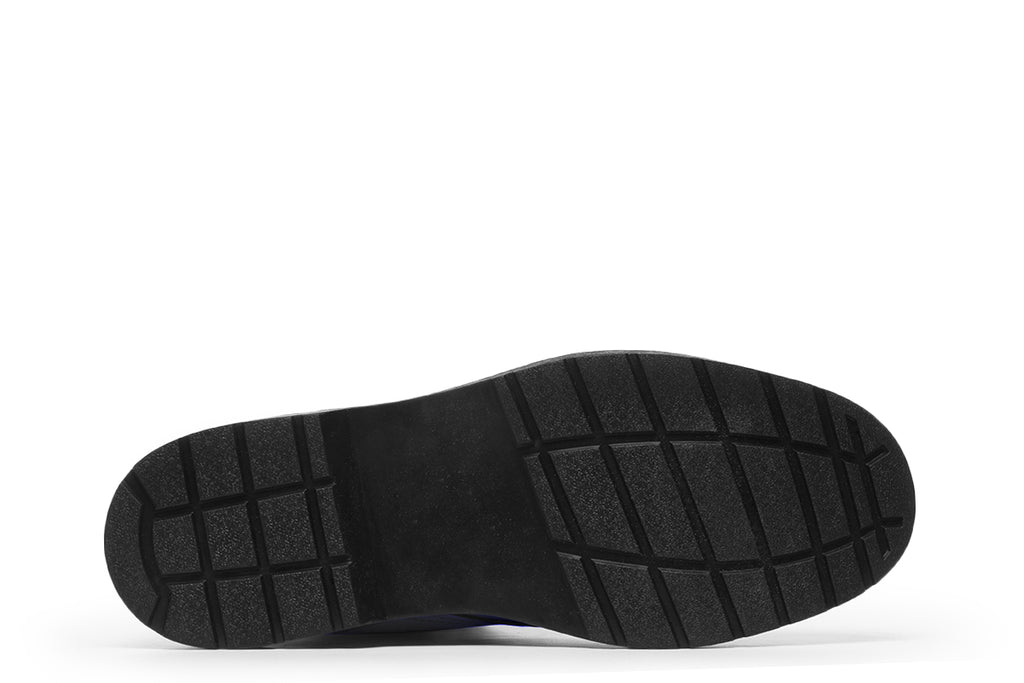 Solid blue boots with a black sole