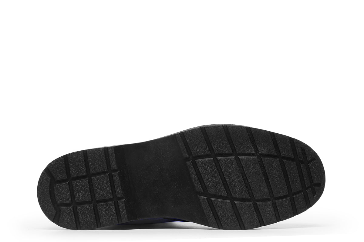 Solid blue boots with a black sole