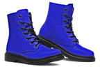Solid blue boots with a black sole