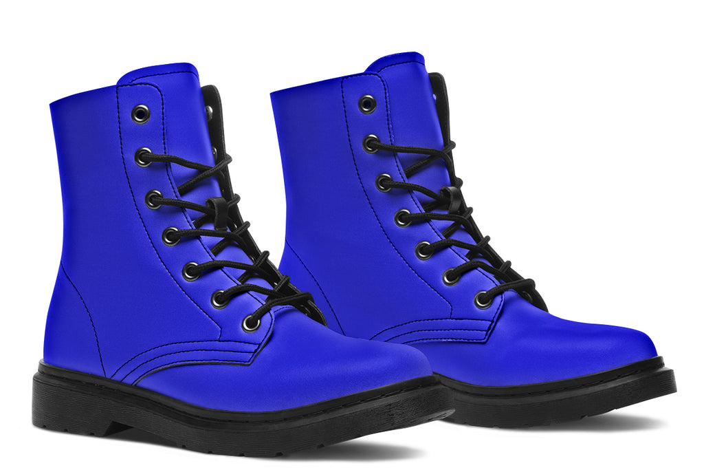 Solid blue boots with a black sole