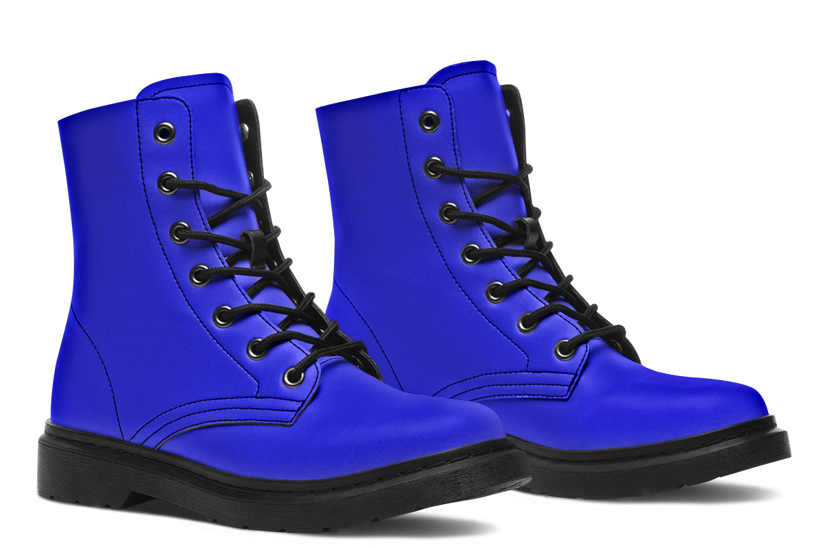 Solid blue boots with a black sole
