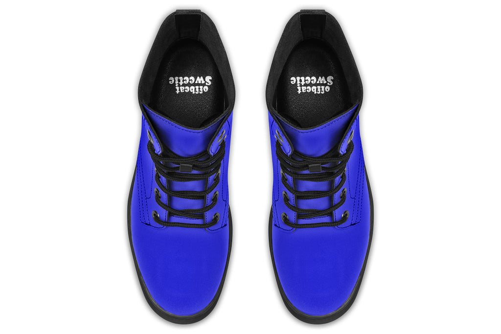 Solid blue boots with a black sole