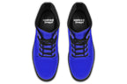 Solid blue boots with a black sole