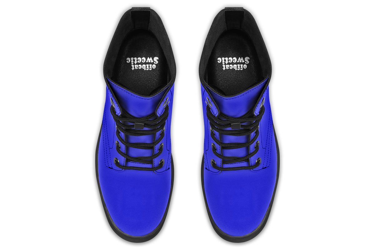 Solid blue boots with a black sole